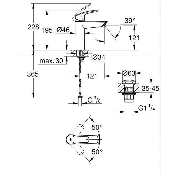 Одноважільний змішувач для раковини M-Size Grohe Eurosmart New з натискним донним клапаном (23923003)