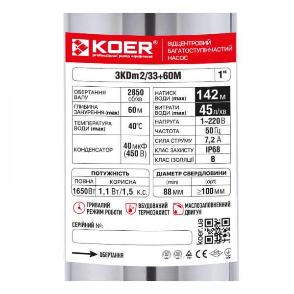 Центробежный насос Koer 3KDm 2/33+60М 1