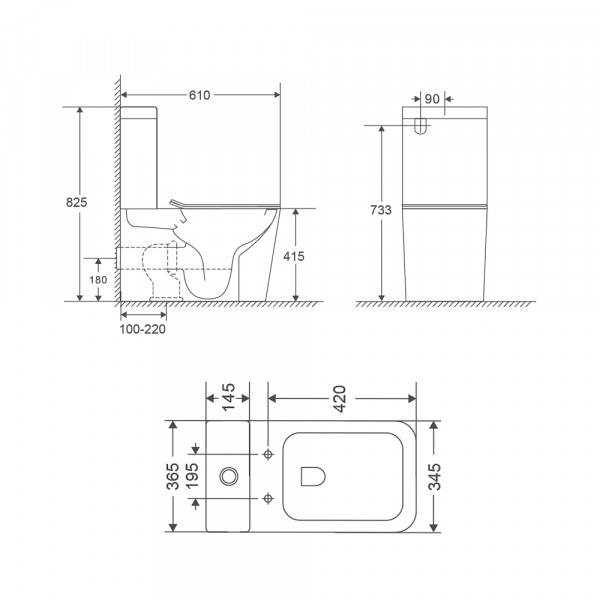 Чаша унитаза-компакта Mixxus Premium Quadro-0401-T1 Bowl 610х365х825 Tornado 1.0 без сиденья (MI8343)