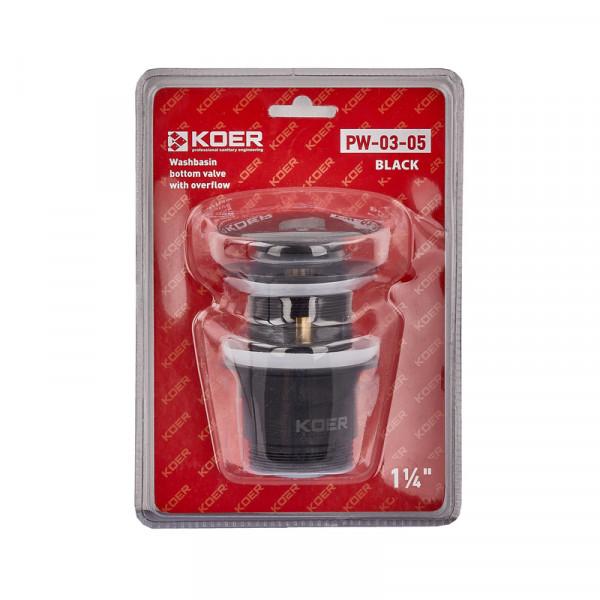 Донный клапан для раковины с переливом Koer PW-03-05 автоматический (Click-Clack) (Цвет черный) 1 1/4'' (KR3396)