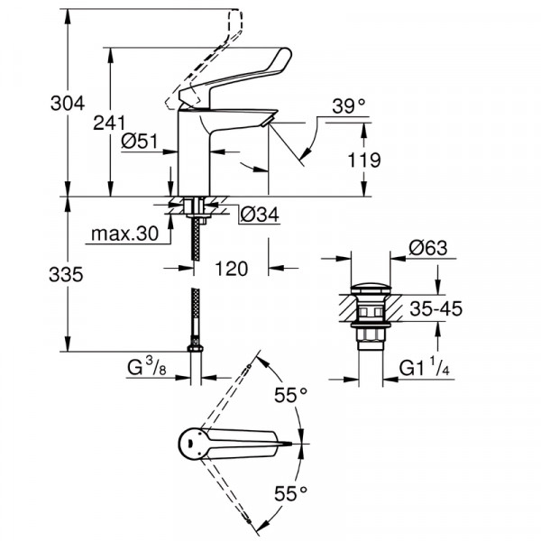 Однорычажный смеситель для раковины Grohe Eurosmart New M-size для медицинских учреждений (23983003)