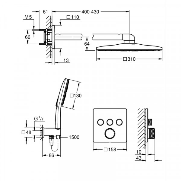 Скрытая душевая система с RSH SmartActive 310 Cube Grohe Grohtherm SmartControl (1039980000)