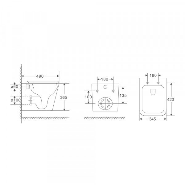 Унитаз подвесной Mixxus Premium Quadro-0301-R 490x340x360mm, система смыва Rimless (MP6452)
