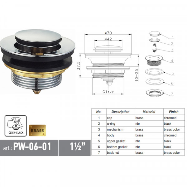 Донний клапан для ванни Koer PW-06-01 1 1/2'' автоматичний СLICK-СLACK (Колір хром) (KR5799)