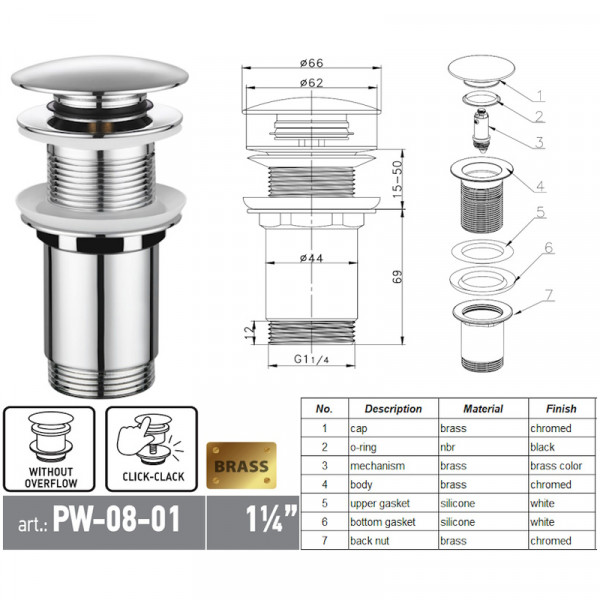 Донний клапан для раковини Koer PW-08-01 1 1/4''  без переливу автоматичний СLICK-СLACK (Колір хром) (KR5786)