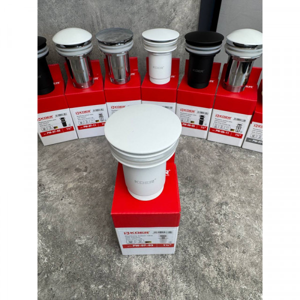 Донний клапан для раковини Koer PW-07-03 1 1/4'' з переливом автоматичний СLICK-СLACK (Колір білий) (KR5783)