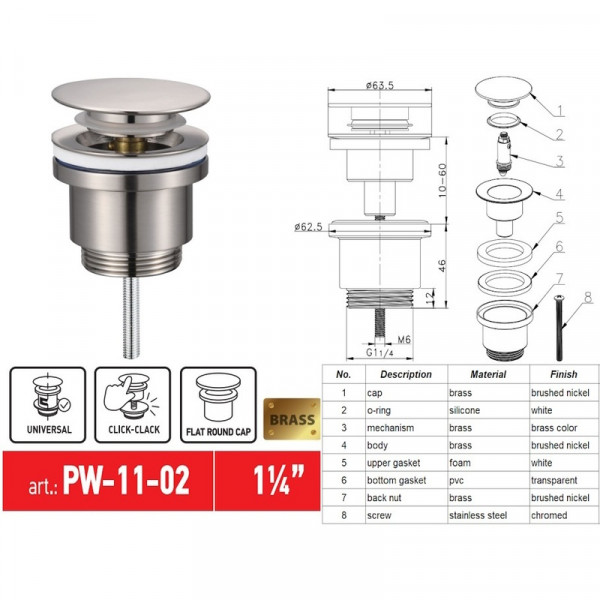 Донний клапан для раковини Koer PW-11-02 1 1/4''  універсальний (з/без перел) СLICK-СLACK SS COLOR (KR5792)
