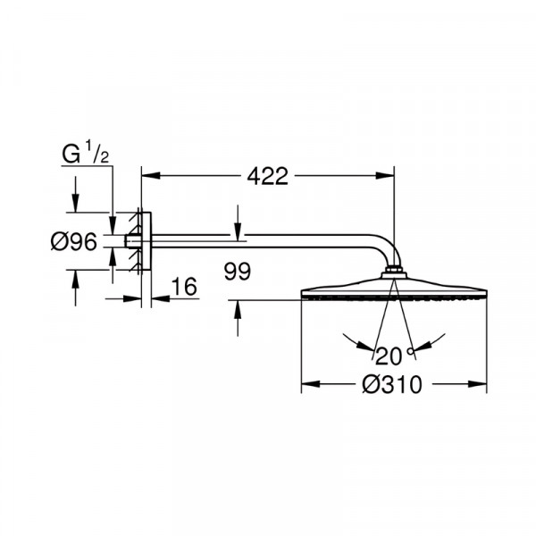 Верхній душ Grohe Rainshower 310 Mono з душовим кронштейном 422 мм, 1 режим (22121KF0)