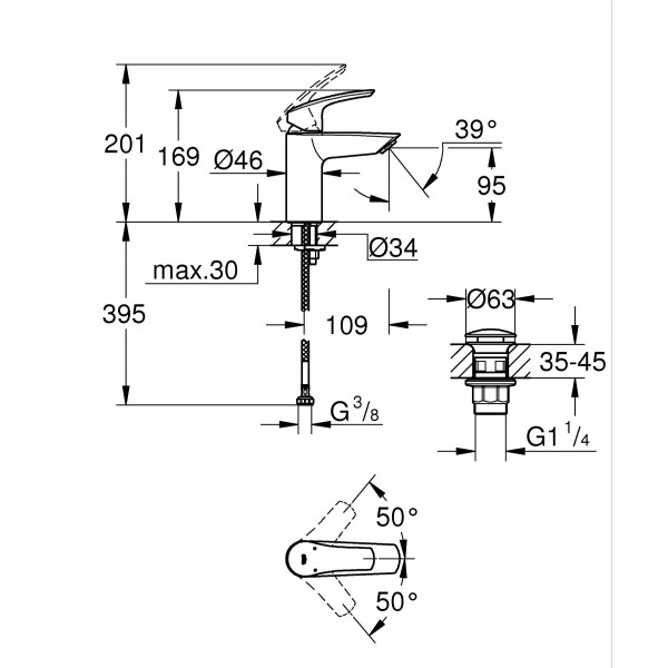 Одноважільний змішувач для раковини S-Size Grohe Eurosmart New з натискним донним клапаном (23922003)