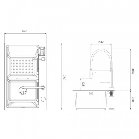 GS 7547-13 мийка PROFI 750*470 змішувач+сифон+ коланд.+дозатор+омивач склянк. (GOLD) {1/1}