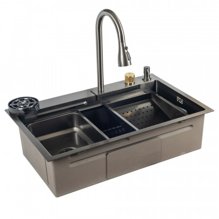 ID 7246-2BCW  PROFI 720x460x215мм,сифон. дозат. 2 кош, дошк, зміш. омив. склян. PVD DECOR Black{1/1}